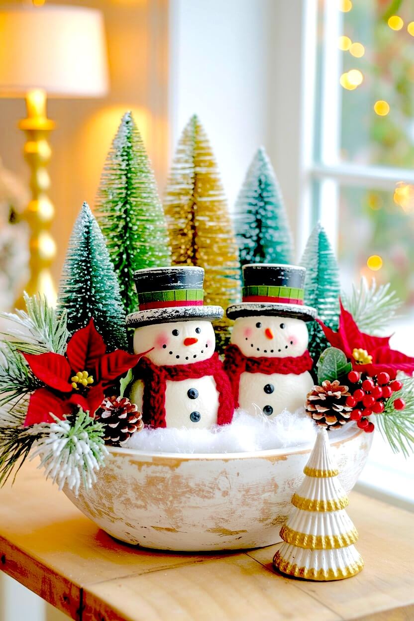 Two smiling snowman figurines wear black top hats and red scarves amidst gold and green bottle brush trees and bright red poinsettias in a painted wood dough bowl centerpiece.