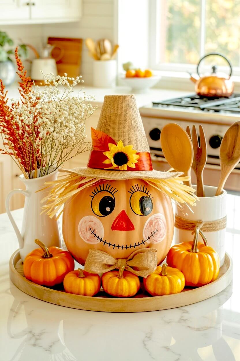 An orange pumpkin painted with a stitched scarecrow smile and wearing a burlap witch hat sits on a wooden tray inspiring humorous painted pumpkin ideas.