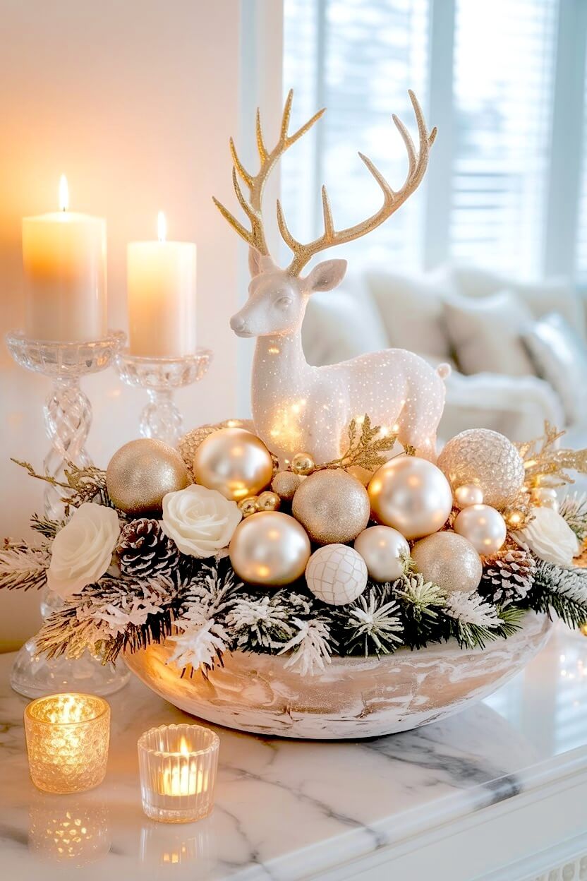 A majestic white reindeer with gold antlers stands among glowing fairy lights, champagne baubles, and frosted evergreens in a whitewashed Christmas dough bowl centerpiece.