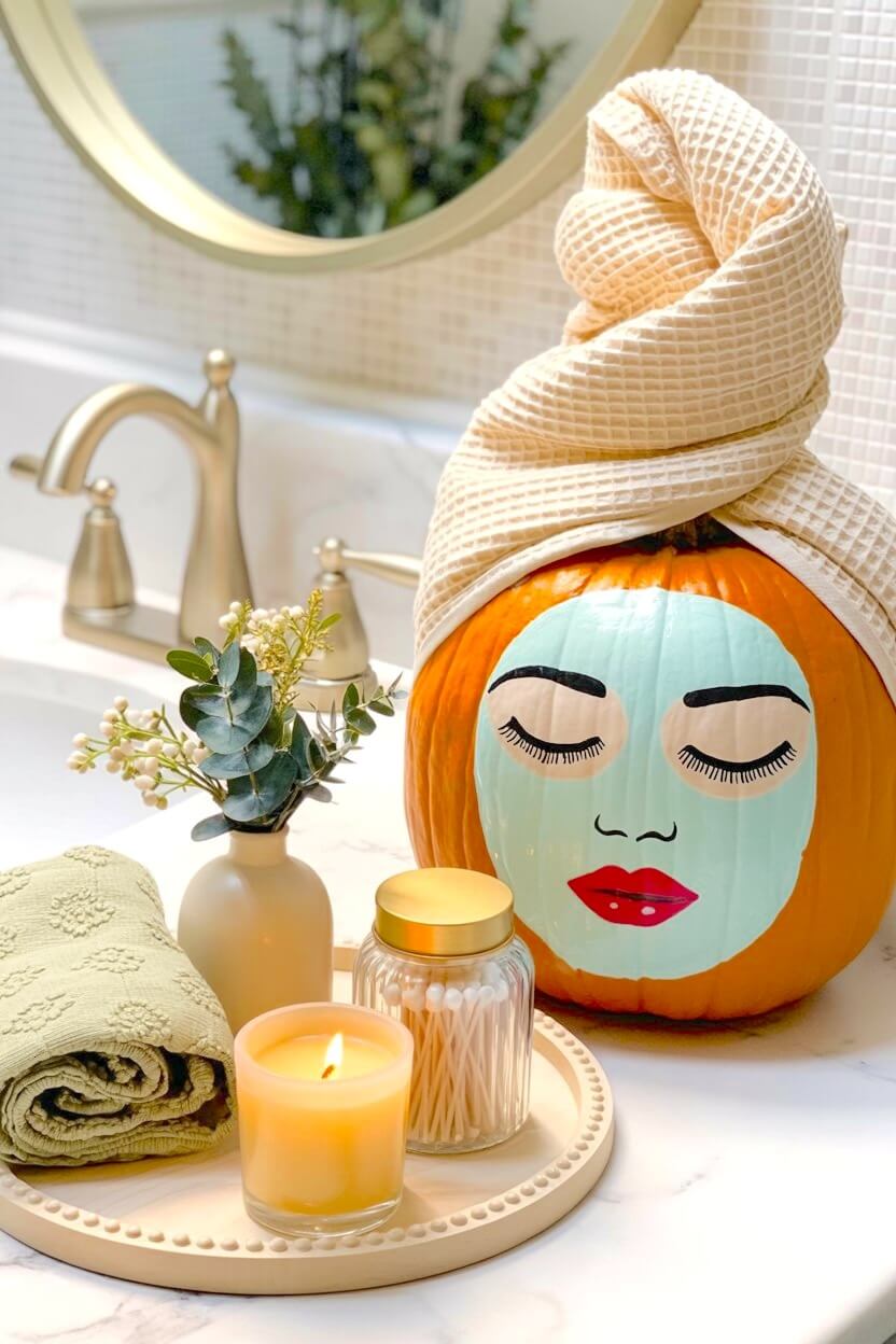 A bright orange pumpkin wearing a green painted face mask and a wrapped waffle towel rests on a marble vanity next to a candle for funny pumpkin designs.