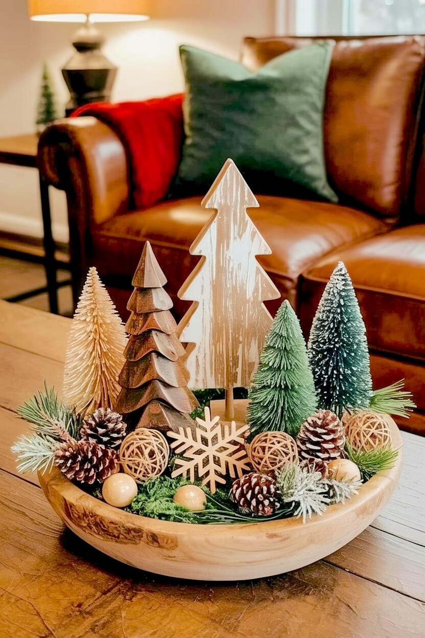 Wooden tree cutouts stand alongside woven rattan spheres, pinecones, and soft green moss packed into a smooth round carved wooden dough bowl, creating a rustic winter centerpiece.