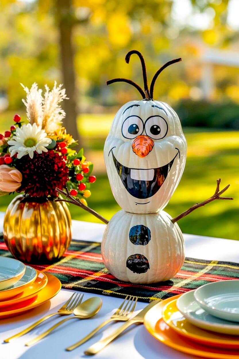 Two stacked white painted pumpkins feature a smiling snowman face and stick arms resting on a plaid table runner among vibrant funny painted pumpkin art.