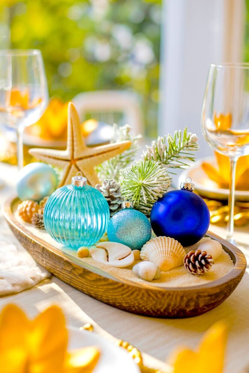 A starfish, white seashells, and shimmering turquoise and cobalt blue ornaments rest on soft sand inside an oval wooden dough bowl styled for coastal Christmas home decor.