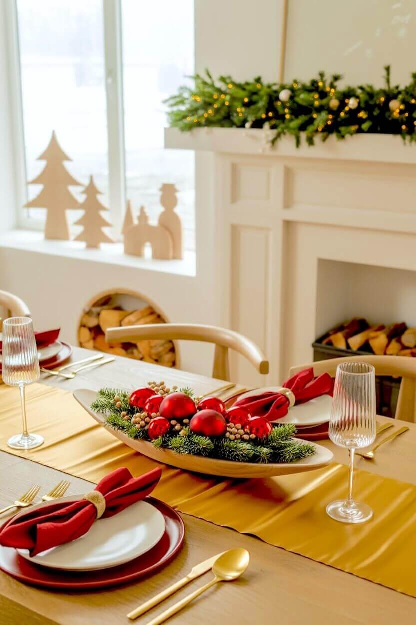 Vibrant red ornaments cluster on fresh pine sprigs within a sleek minimalist blonde wood dough bowl resting upon a shining gold silk dining table runner.