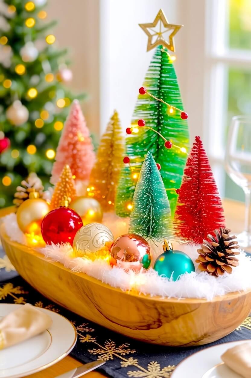Bright pink, yellow, green, and red bottle brush trees stand on fluffy white faux snow alongside colorful metallic baubles in a deep carved wooden dough bowl centerpiece.