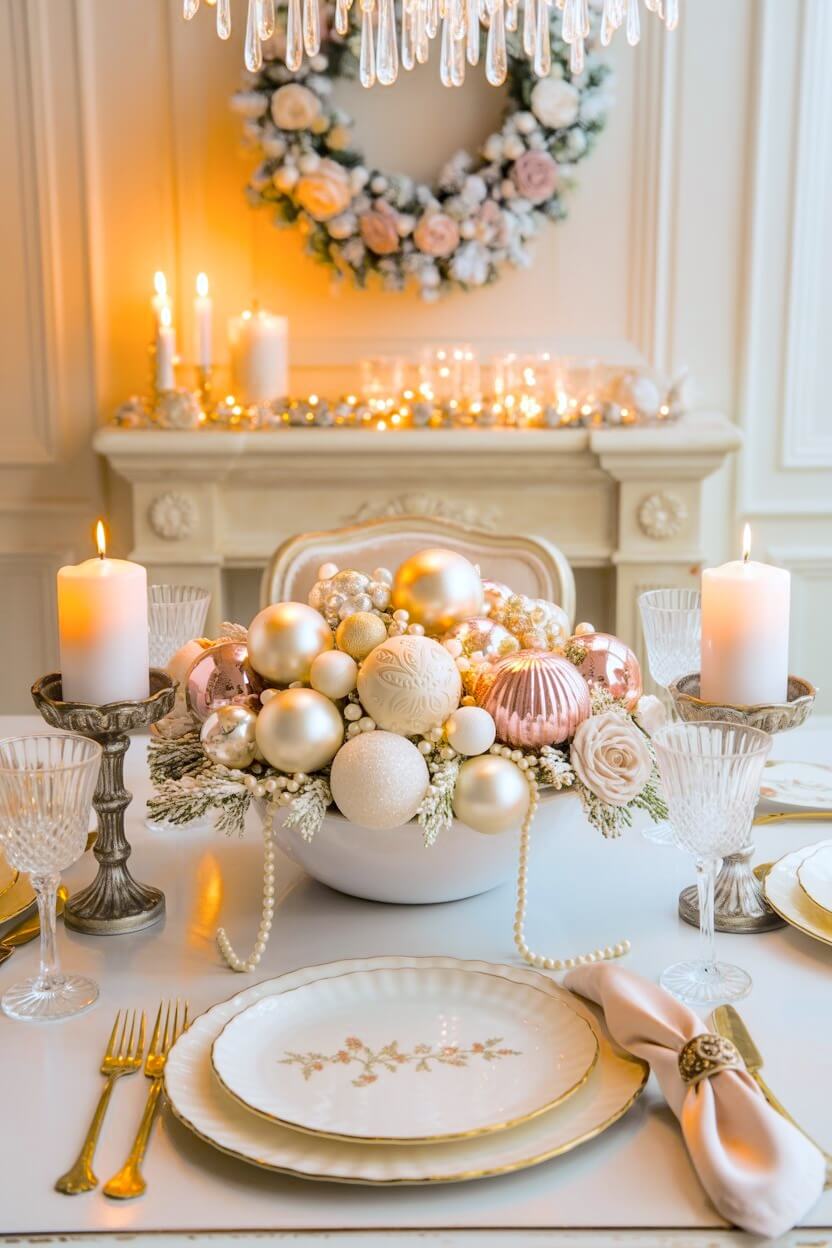 Blush pink and pearlescent white spheres spill over the edges of a crisp white ceramic bowl draped with elegant pearl string garlands and soft pale roses for a holiday centerpiece.