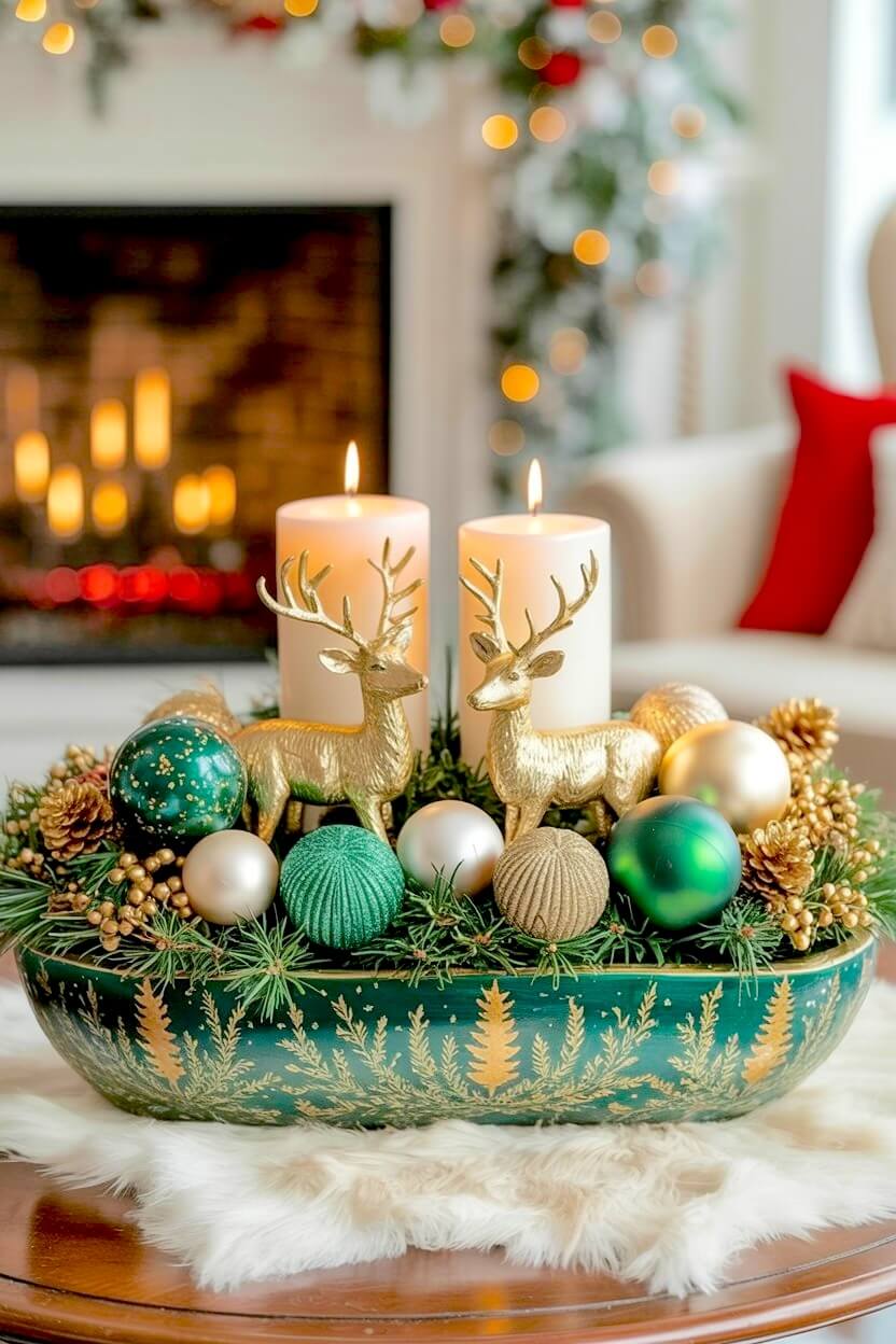 Two elegant gold deer figurines stand among textured emerald green and soft champagne ornaments tucked into pine branches inside a green-painted wooden dough bowl.