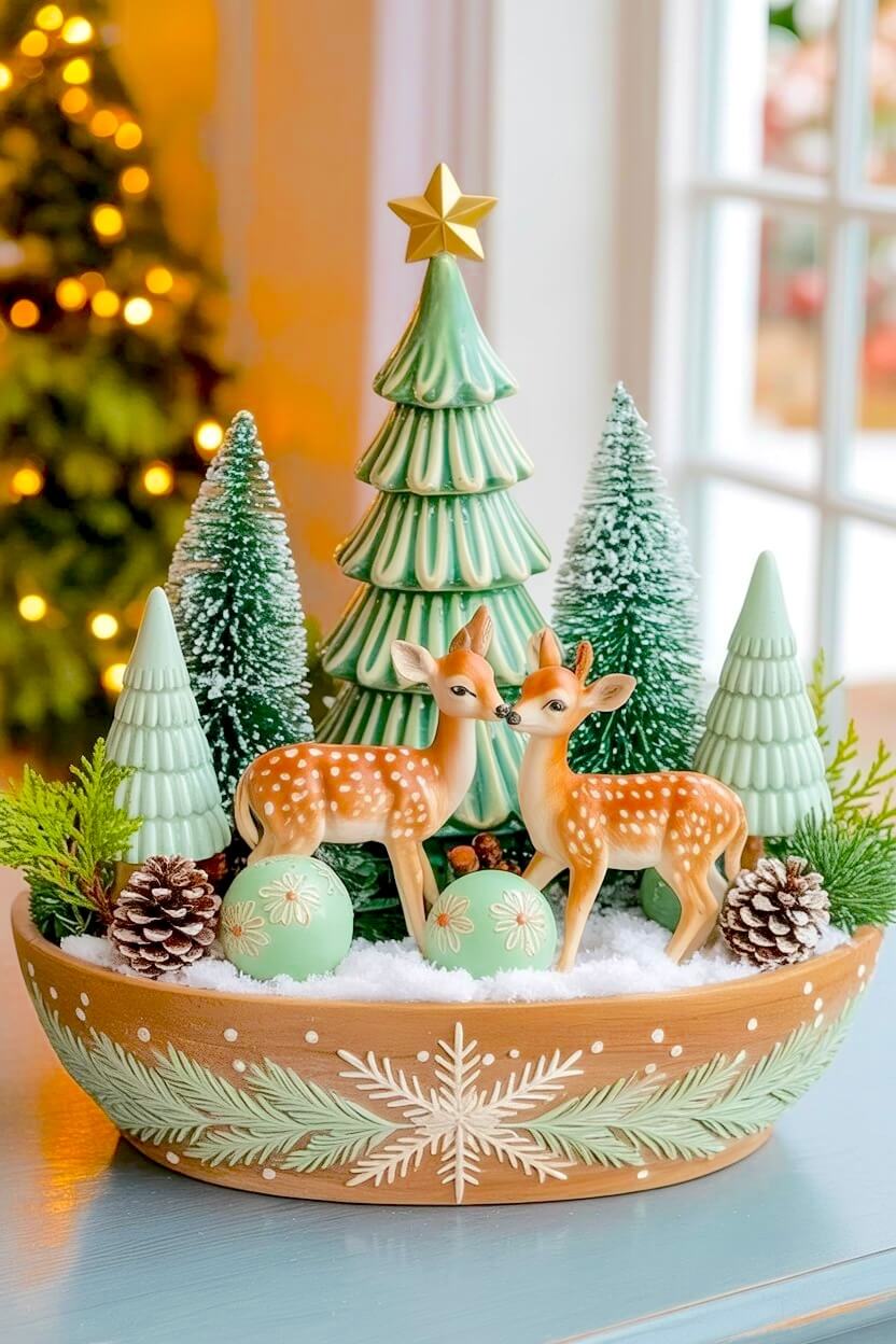 Two delicate vintage fawn figurines stand among green ceramic trees and frosted pinecones inside a carved wooden dough bowl, forming a rustic Christmas centerpiece.
