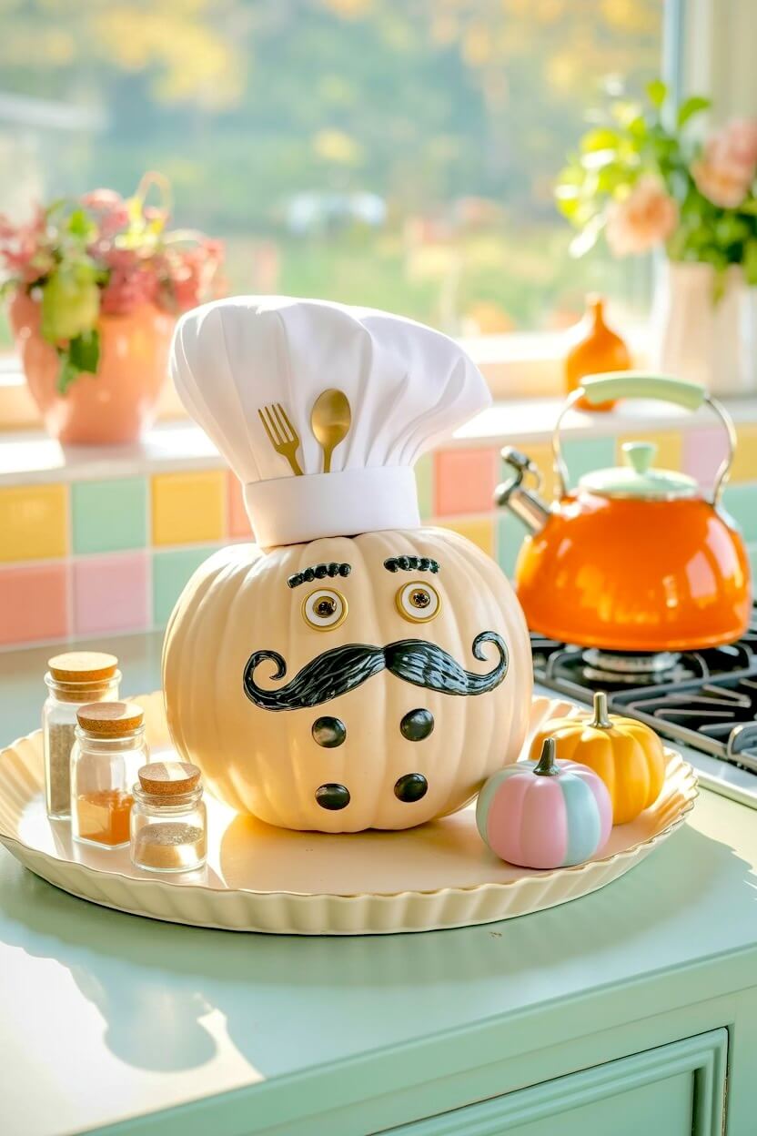 A white pumpkin decorated with a black mustache and a tall white chef hat sits on a green kitchen counter among small colorful painted pumpkin designs.