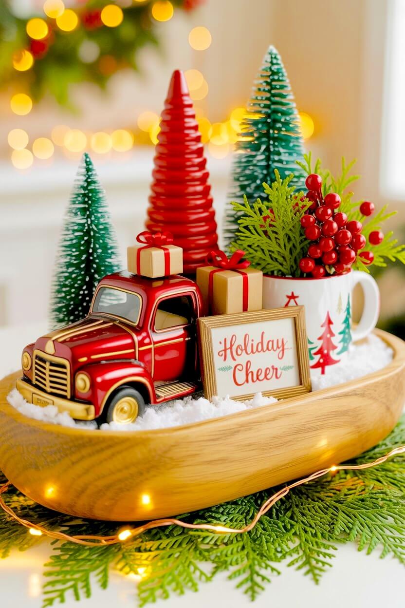 A small vintage red truck carries wrapped brown packages near a framed festive cheer sign and bright red berry picks, sitting inside a light wood dough bowl centerpiece.