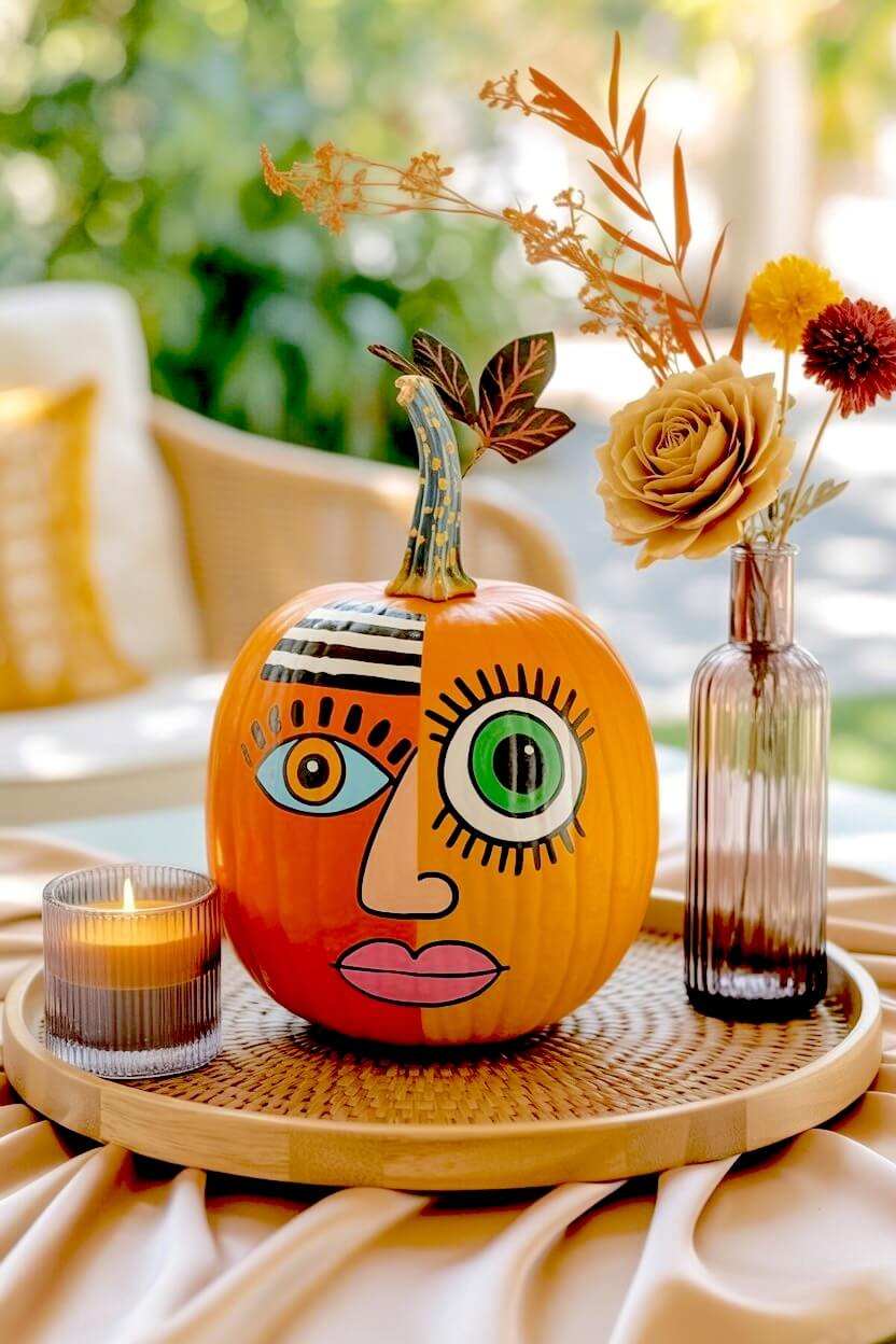An orange pumpkin features a modern abstract face with geometric eye shapes and bold lips resting on a woven tray as a unique painted pumpkin project.