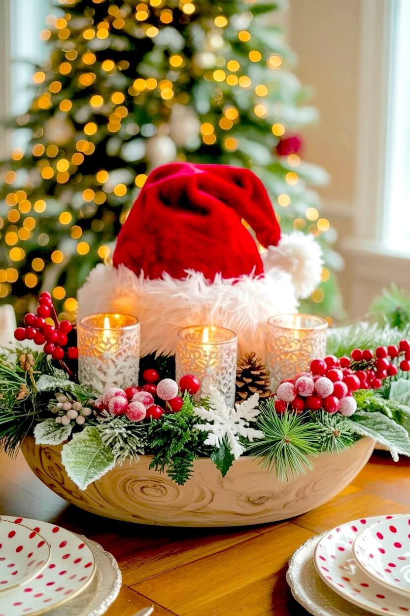 A fluffy red Santa hat sits surrounded by frosted red berries, fresh pine needles, and three lit glass votive candles within a light wood dough bowl for a winter table display.