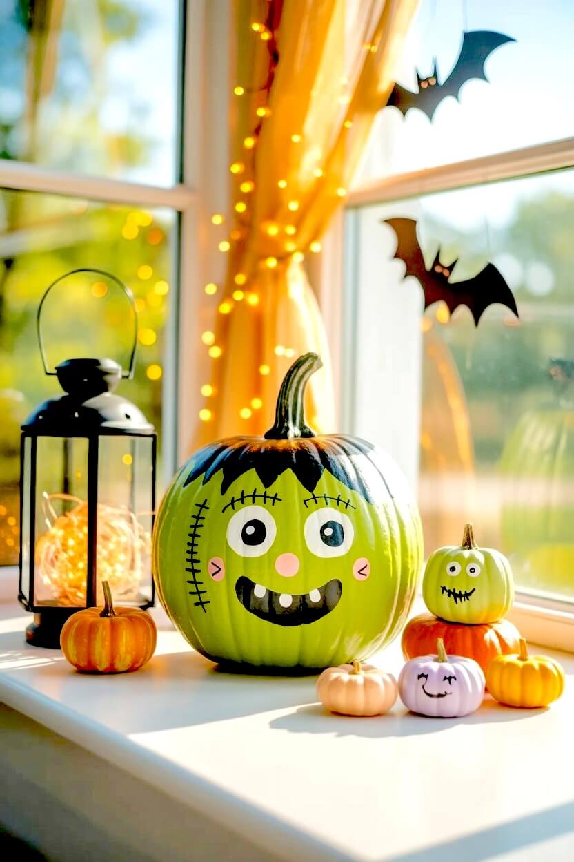 A vibrant green painted pumpkin showing a cheerful monster face with stitched details sits on a sunny window sill as a humorous pumpkin painting design.