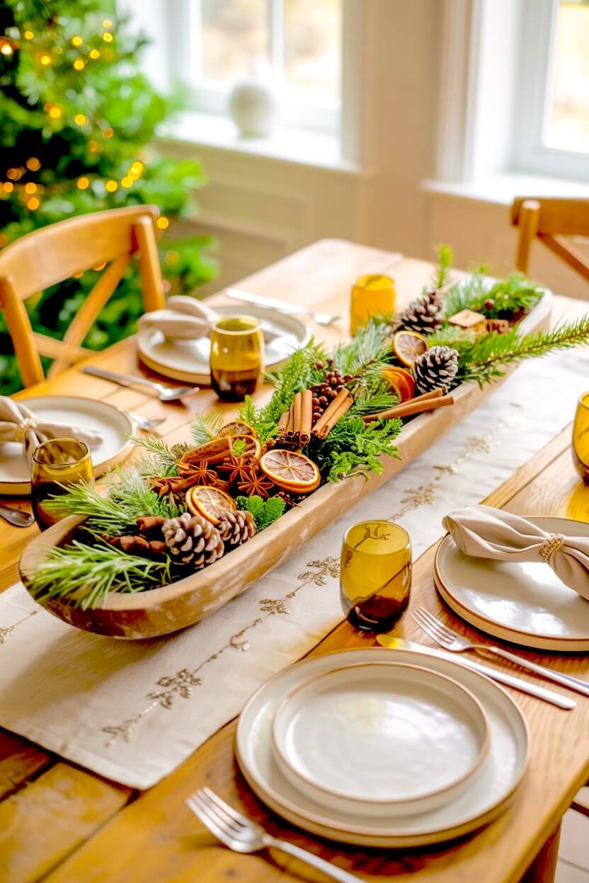 Dried orange slices, cinnamon sticks, pinecones, and fresh green cedar branches fill a long rustic wooden dough bowl, creating a fragrant winter tabletop arrangement.