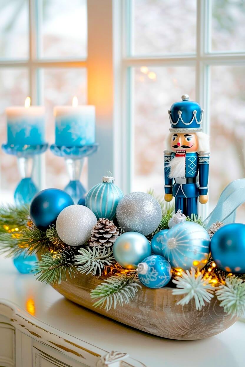 A traditional blue nutcracker stands beside silver and turquoise ornaments tucked into frosted pine greenery, glowing with warm fairy lights in a wooden dough bowl.