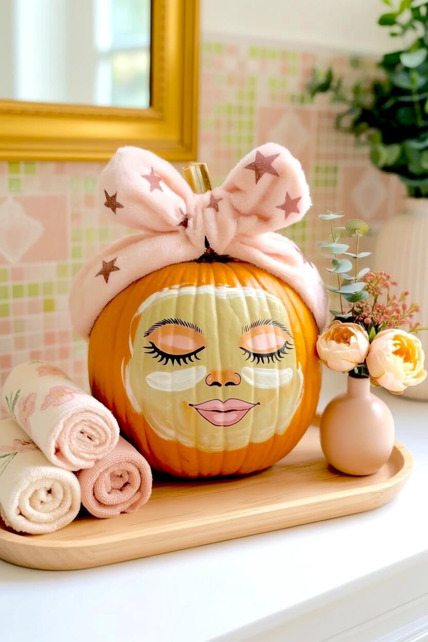 An orange pumpkin painted with closed eyes and a green clay mask wears a plush pink starry headband beside folded bath towels for amusing fall styling.