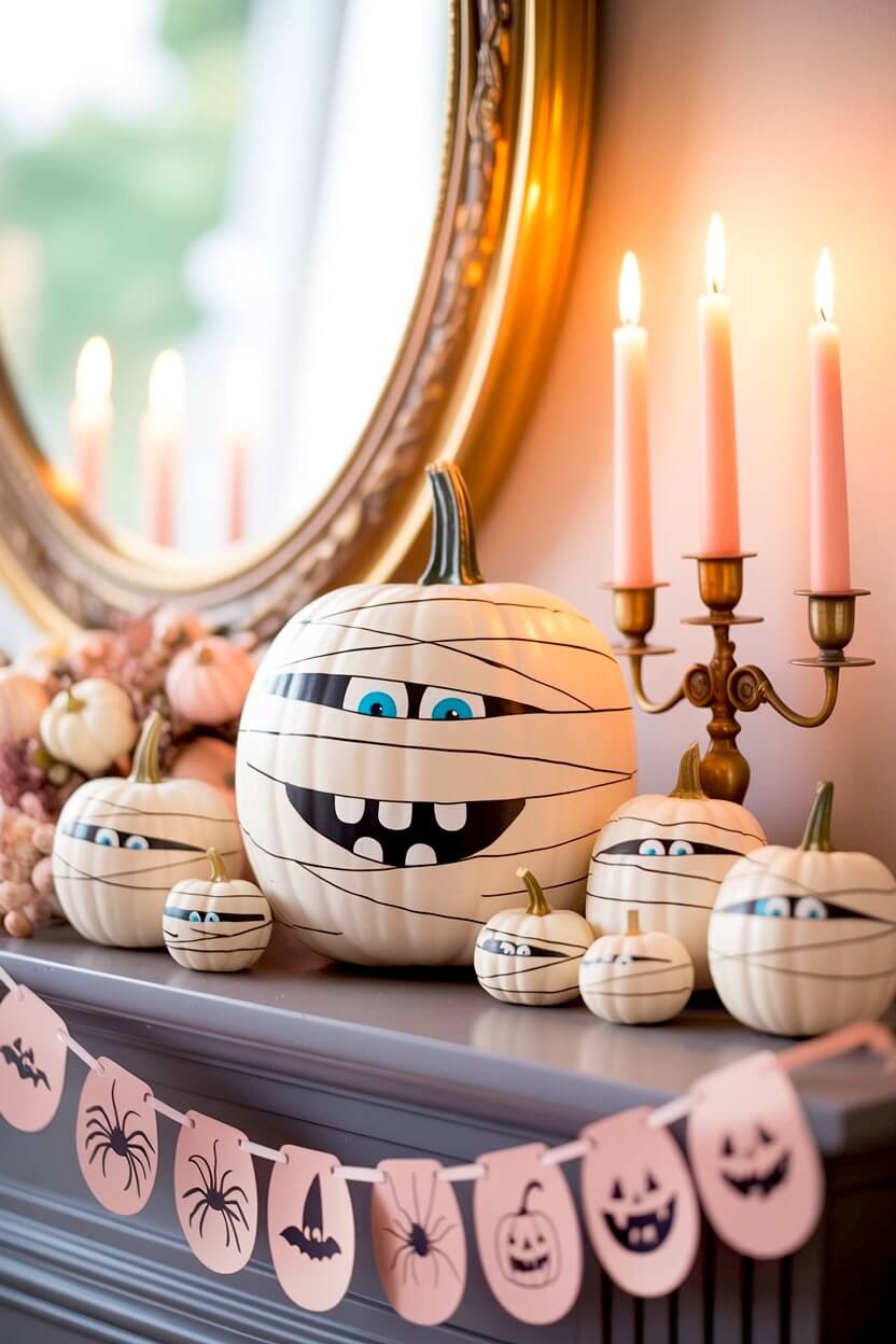 A large white pumpkin painted with mummy wrappings and a smiling mouth rests on a grey mantel next to pink candles for quirky painted pumpkin ideas.