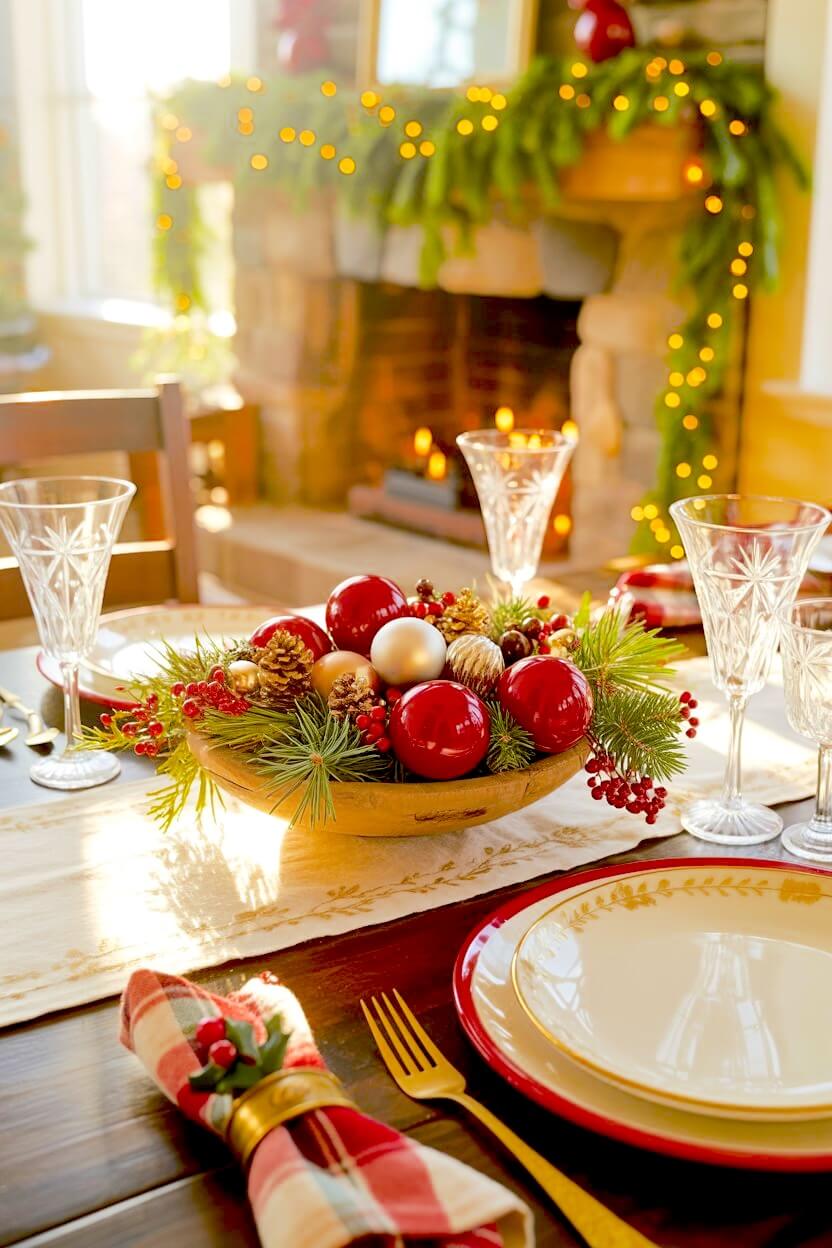 Bright red and gold baubles mingle with natural pinecones and cranberry sprigs inside a classic carved wooden dough bowl, set on a warm glowing dining room table.
