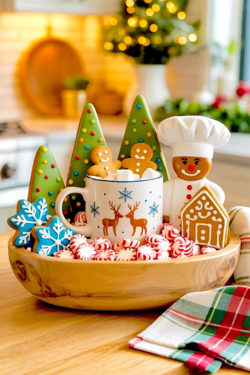 Iced gingerbread cookies, decorated tree treats, a smiling ceramic chef, and peppermint candies surround a reindeer mug filled with marshmallows in a wood dough bowl centerpiece.