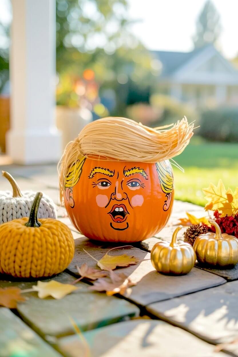 An orange pumpkin painted with a screaming face and topped with a blonde straw wig sits on a wooden porch serving as silly painted pumpkin inspiration.