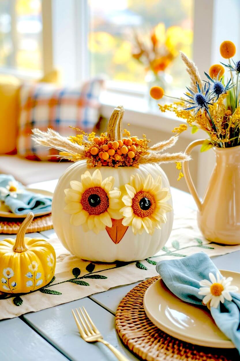 A white pumpkin transformed into an owl using yellow sunflower blooms for eyes and dried wheat accents sits on a woven runner for clever fall crafting.