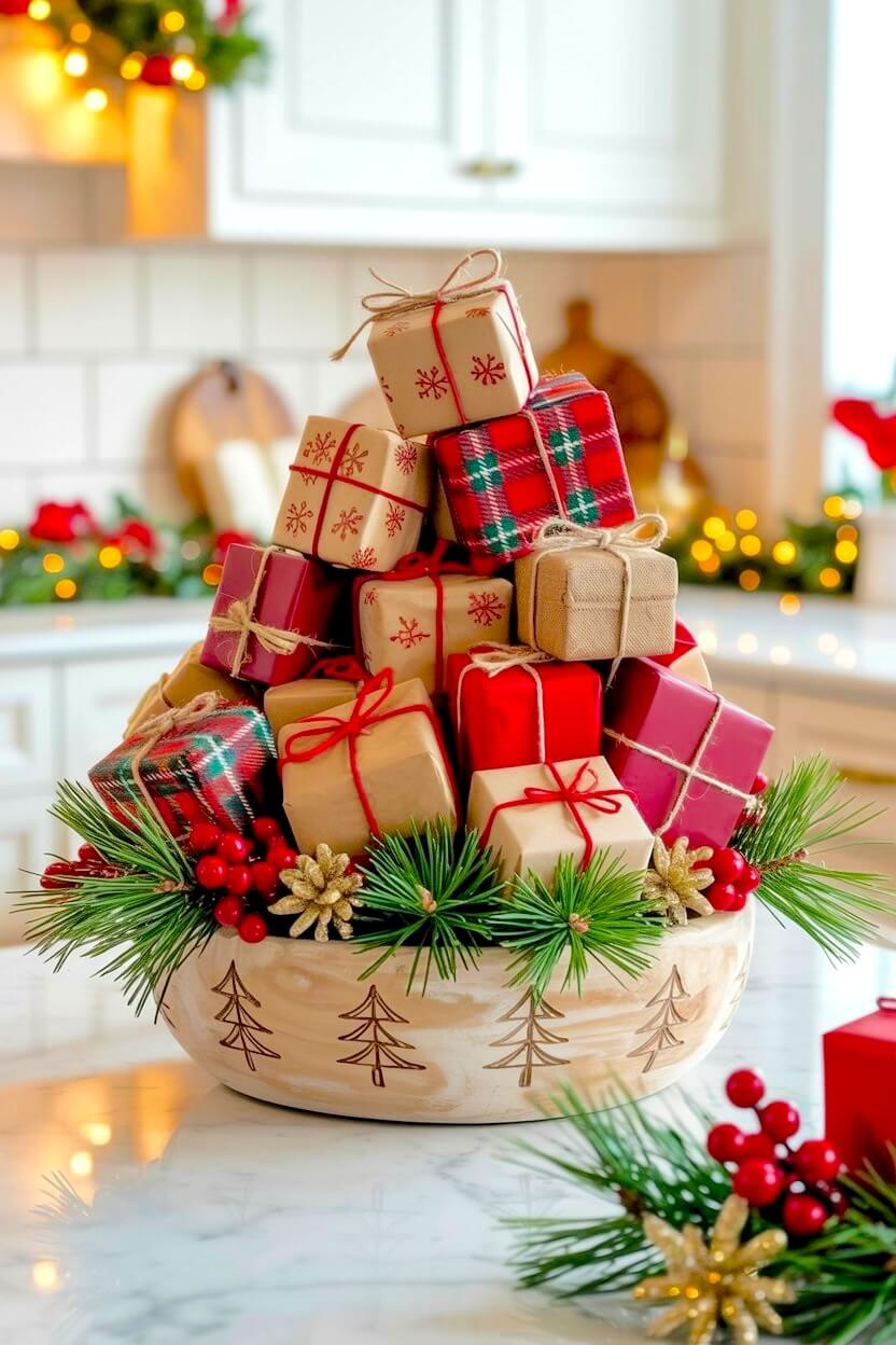 Miniature wrapped presents in red, green, and kraft paper sit clustered among fresh pine branches and gold accents inside a carved tree-design wooden dough bowl.