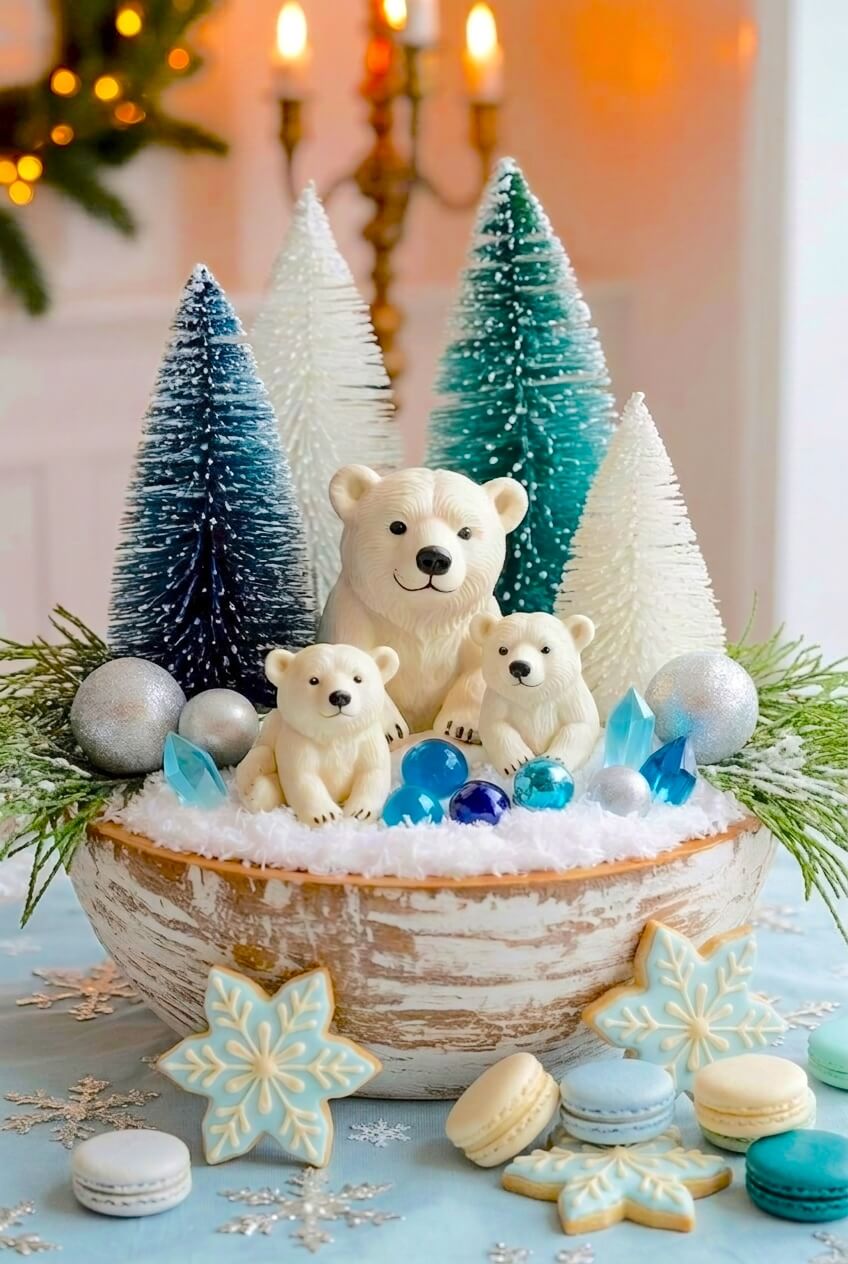 Three white polar bear figurines sit on faux snow surrounded by frosted blue and white bottle brush trees and silver ornaments in a distressed wood dough bowl centerpiece.
