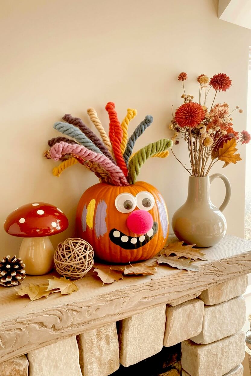 A smiling orange pumpkin features a bright pink nose and colorful thick yarn strands glued to the top resting on a stone mantel for funny autumn decor.